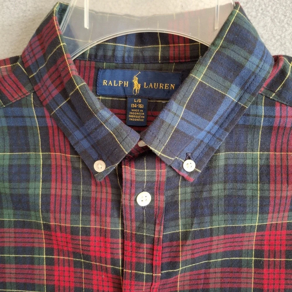 Ralph Lauren Junior's‎ Shirt Blue Red Plaid Button Down Large (14-16) Tartan
